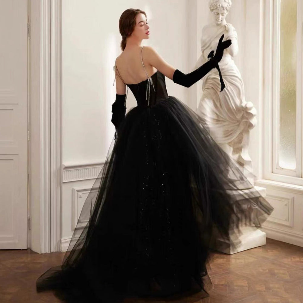 Fairy Sweetheart Neck Beading Mermaid with Train Gothic Black Wedding Dress