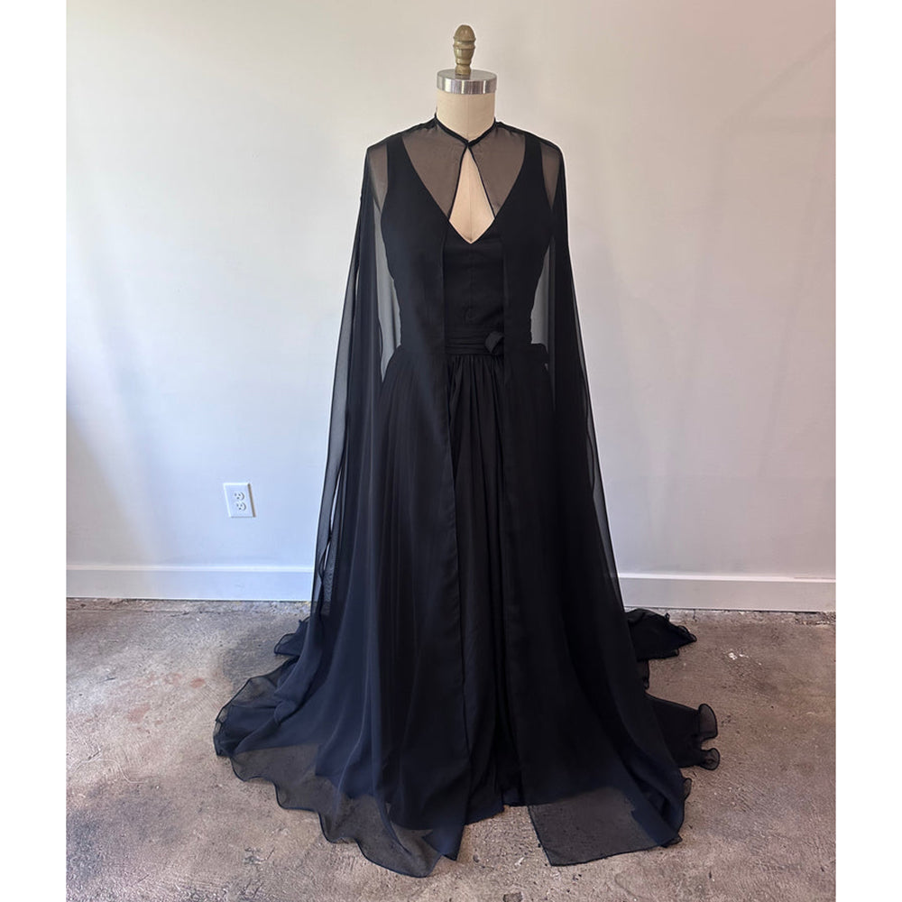 V Neck Beading Watteau Train Chiffon A Line Gothic Black Wedding Dress