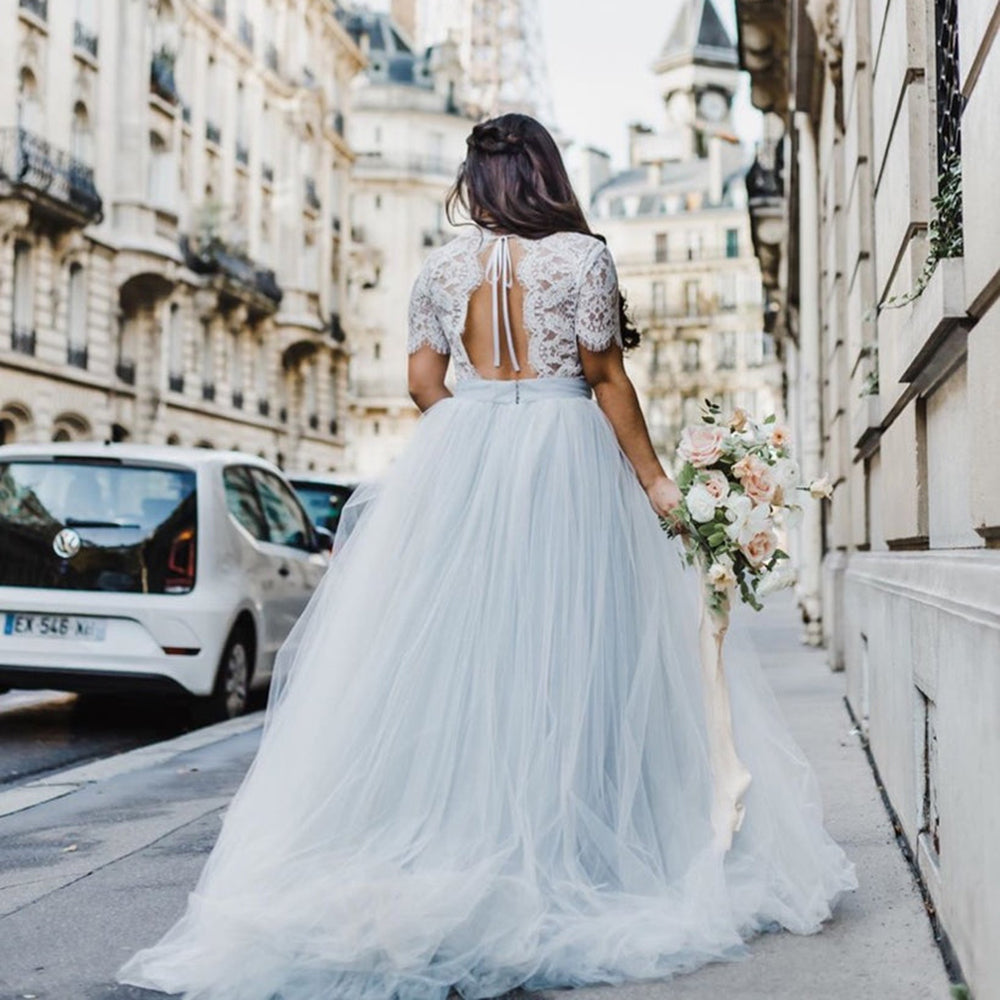 High Neck Cap Sleeve Lace Top Backless Bow Belt Tulle A Line Gothic Black Wedding Dress