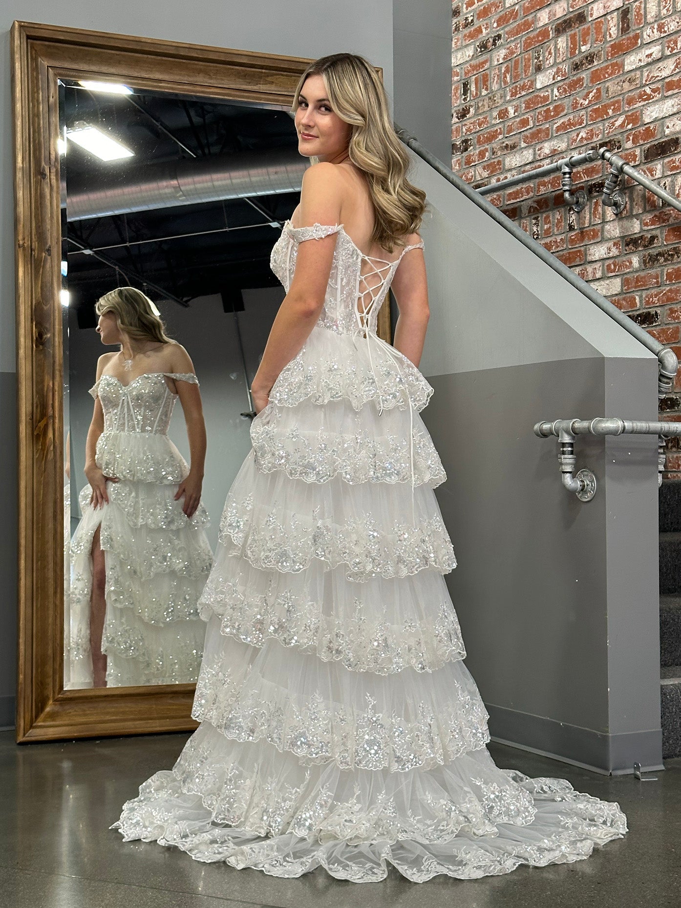 Roycebridal Princess A Line Off the Shoulder Corset Prom Dress with Lace Ruffles