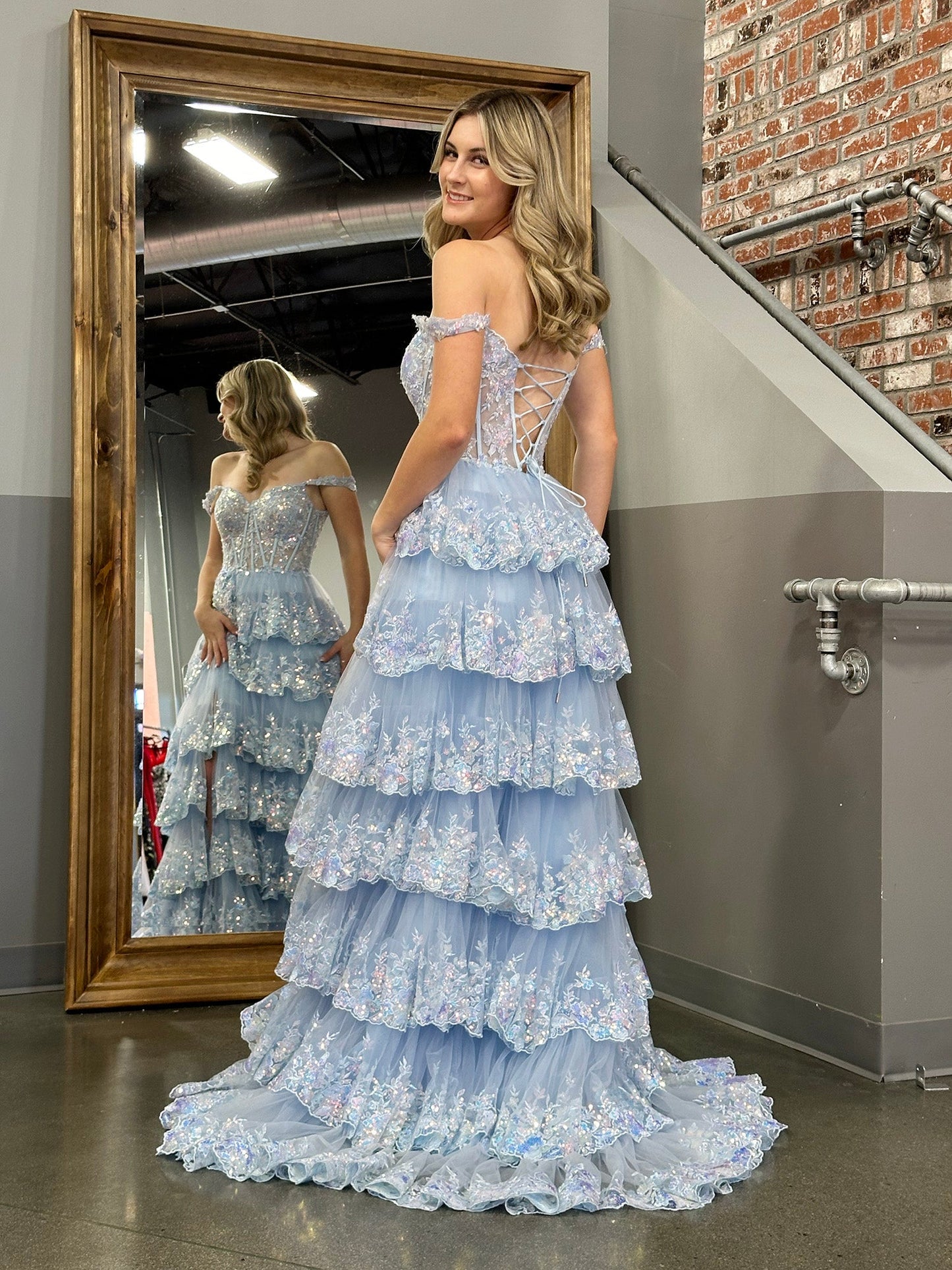 Roycebridal Princess A Line Off the Shoulder Corset Prom Dress with Lace Ruffles