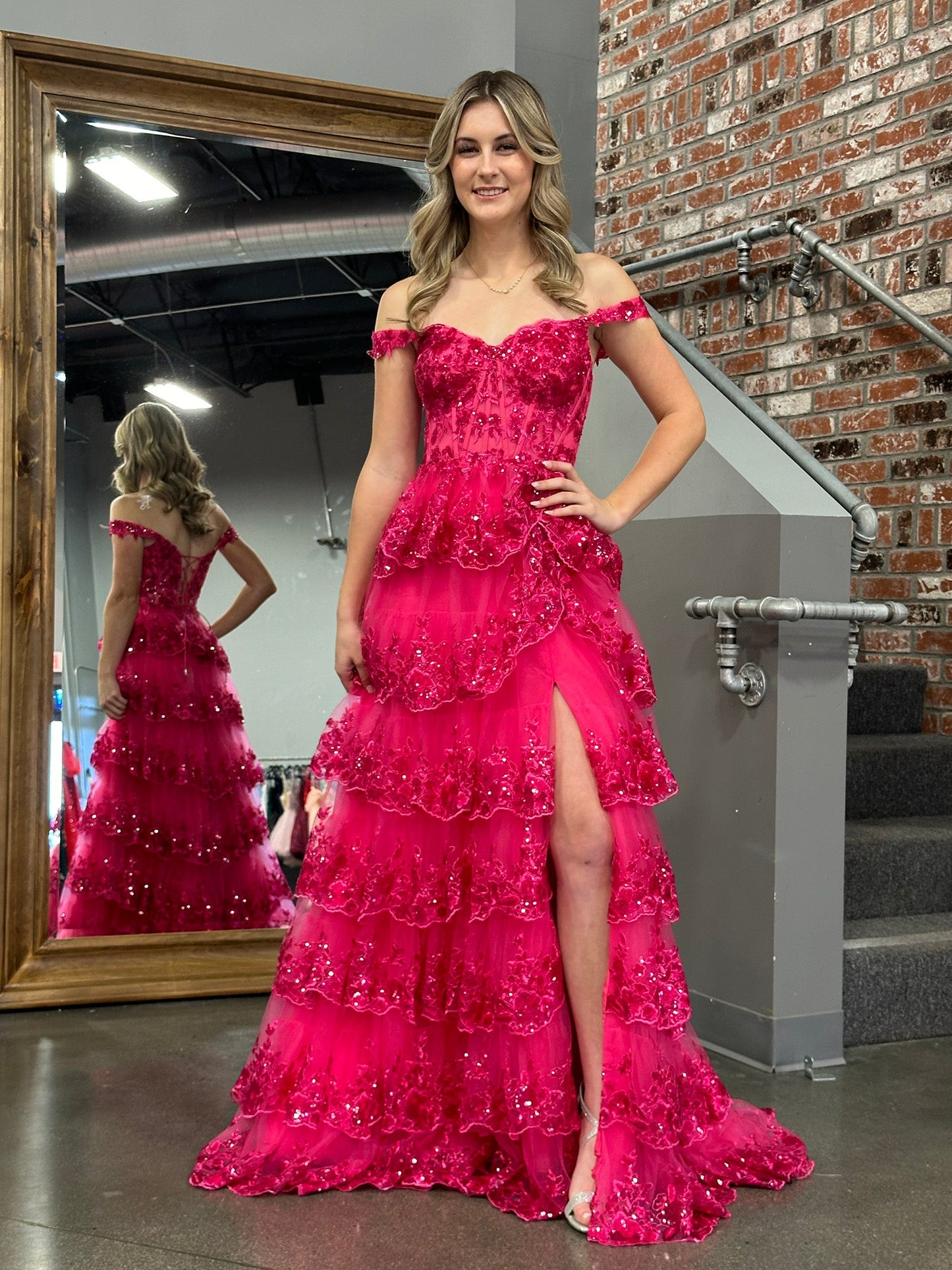 Roycebridal Princess A Line Off the Shoulder Corset Prom Dress with Lace Ruffles