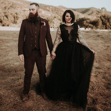 Robe de mariée noire gothique à col rond, sans manches, dos nu, en dentelle, en tulle, coupe trapèze