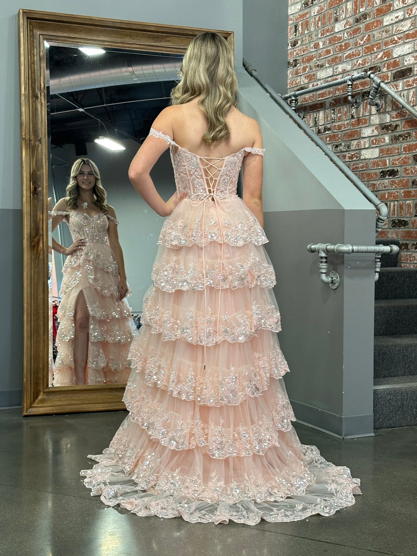 Roycebridal Princess A Line Off the Shoulder Corset Prom Dress with Lace Ruffles