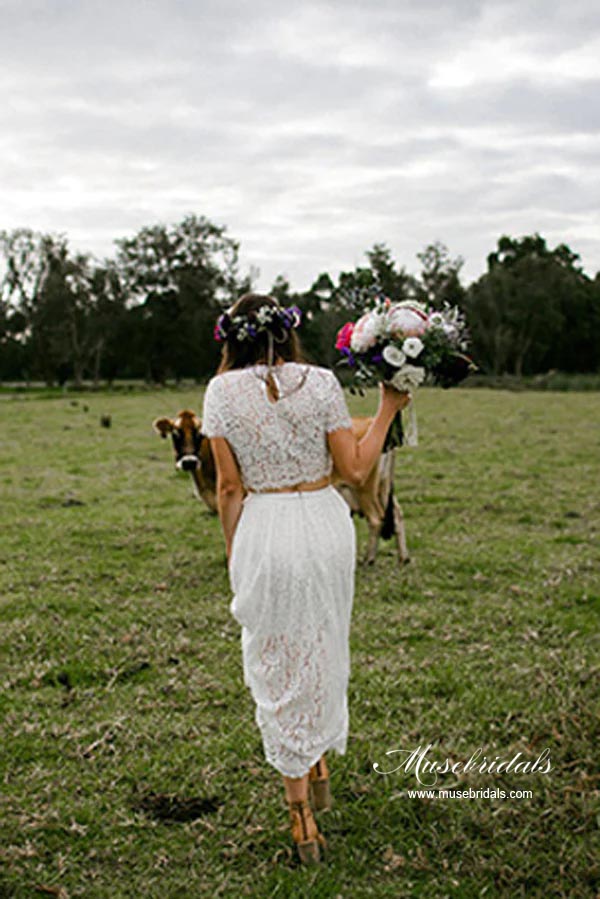 Ivory Lace A-line Two Pieces Short Sleeves Beach Wedding Dresses, MW932 | wedding dresses online | wedding dress stores | cheap wedding dresses | musebridals.com