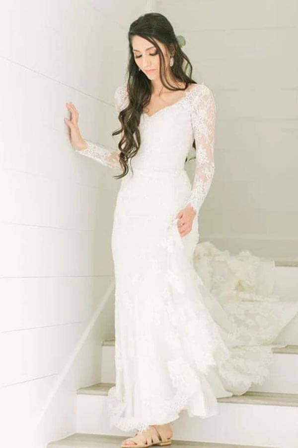 Ivory Lace Sheath V-neck Long Sleeves Chapel Train Wedding Dresses, MW966 | lace wedding gown | boho wedding dress | cheap lace wedding dress | musebridals.com