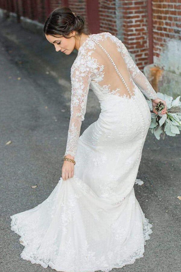 Ivory Lace Sheath V-neck Long Sleeves Wedding Dresses, Bridal Gown, MW610 | wedding dresses online | beach wedding dresses | lace wedding gown | www.musebridals.com