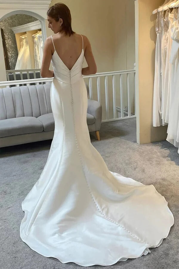 Ivory Mermaid Spaghetti Straps Backless Wedding Dress With Court Train, MW1010 | bohemian wedding dress | beach wedding dress | bridal gown | musebridals.com