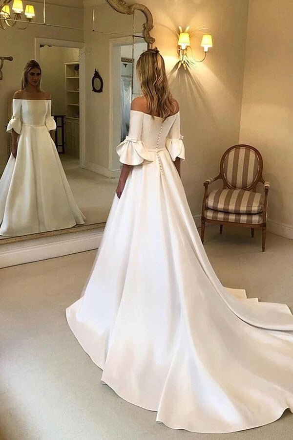 Ivory Satin A-line 3/4 Sleeves Off Shoulder Wedding Dresses with Pockets, MW663 | a line wedding dress | satin wedding dress online | bridal outfit | plus size wedding dress | www.musebridals.com