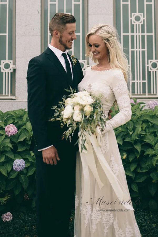 Robe de mariée Roycebridal en tulle ivoire, coupe trapèze, manches longues, col bateau, avec appliques en dentelle, MW556