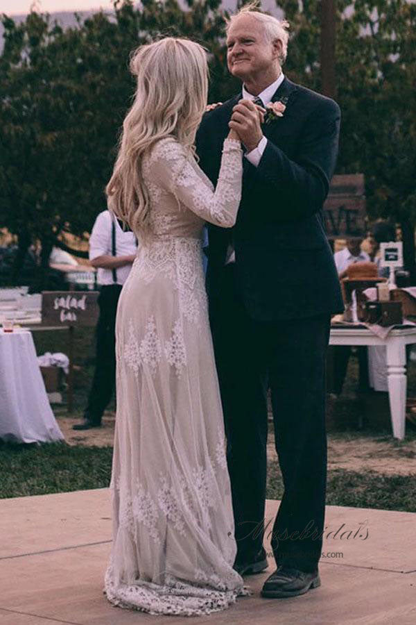 Robe de mariée Roycebridal en tulle ivoire, coupe trapèze, manches longues, col bateau, avec appliques en dentelle, MW556
