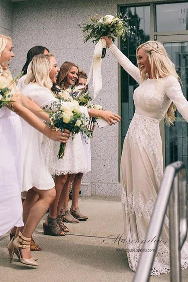 Robe de mariée Roycebridal en tulle ivoire, coupe trapèze, manches longues, col bateau, avec appliques en dentelle, MW556