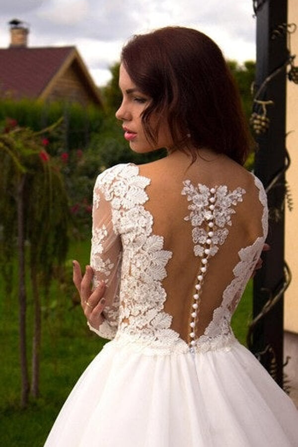 Ivory Tulle Boho Princess A-line V-neck Long Sleeves Wedding Dresses, MW669 | cheap wedding dresses | lace wedding gown | a line beach wedding dresses | www.musebridals.com