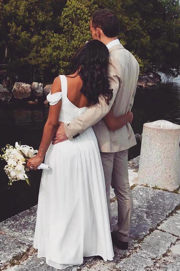 Ivory Vintage Chiffon A-line Floor Length Wedding Dresses, Bridal Gowns, MW671 | simple wedding dresses | ivory wedding dresses | a line beach wedding dress | www.musebridals.com