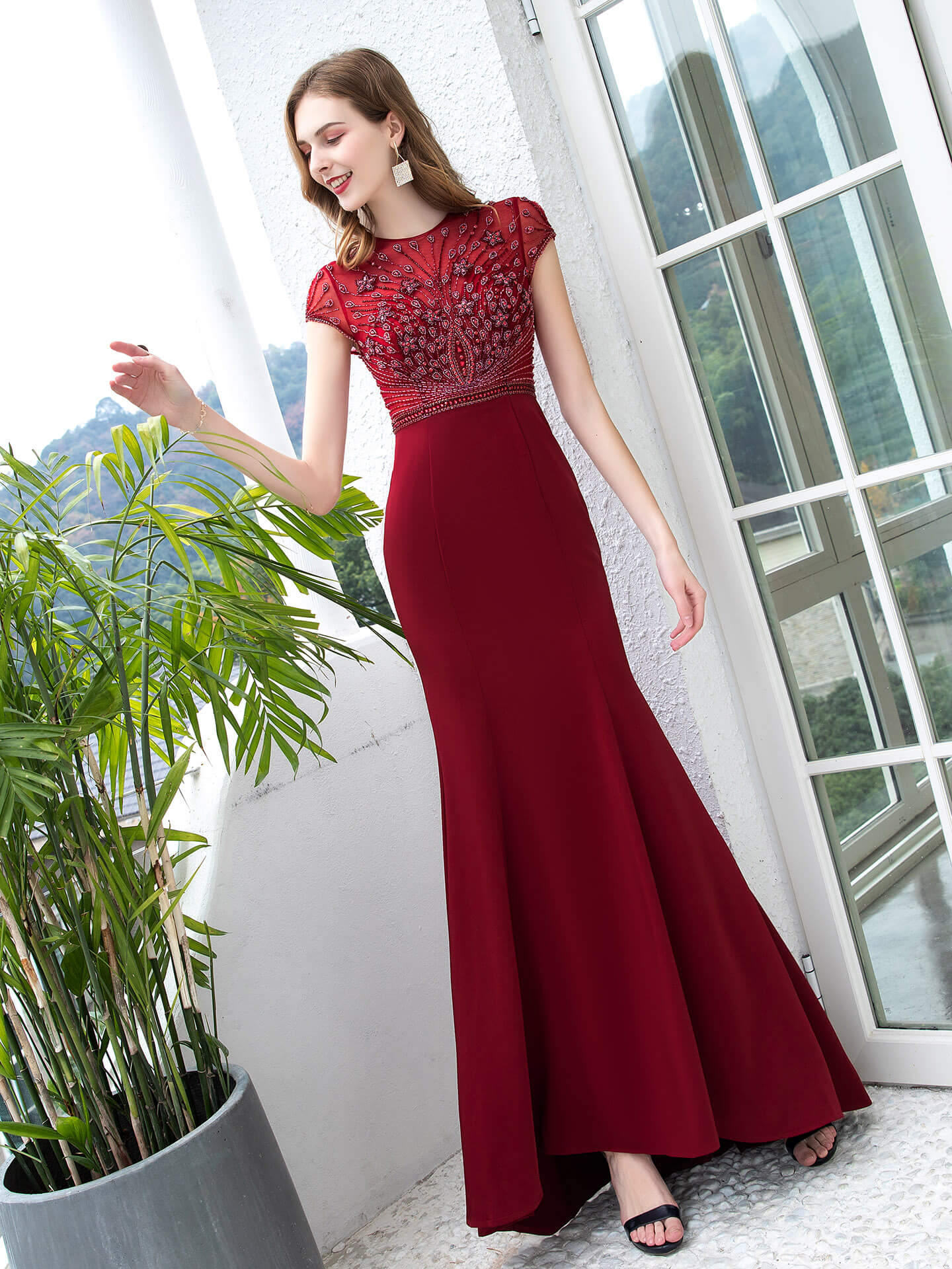 Roycebridal Mermaid / Trumpet Max Chiffon Beaded Luxurious Sexy Formal Evening Dresses Cap Sleeves Floor Length