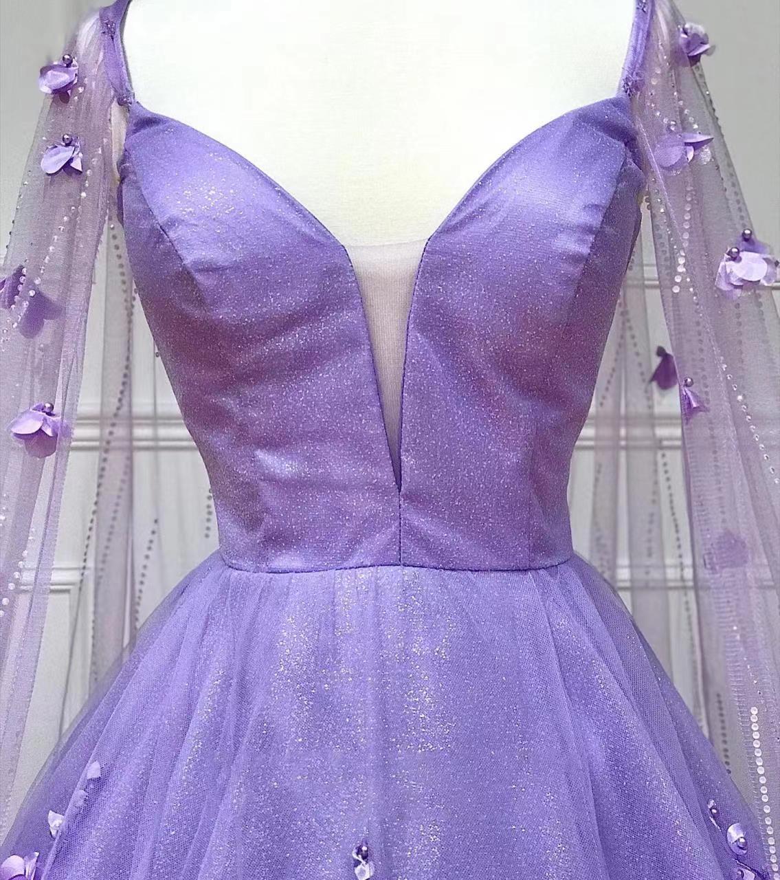 Roycebridal – A-Linien-Ballkleid mit 3D-Blumenspitze und Cape-Ärmeln, Lavendel