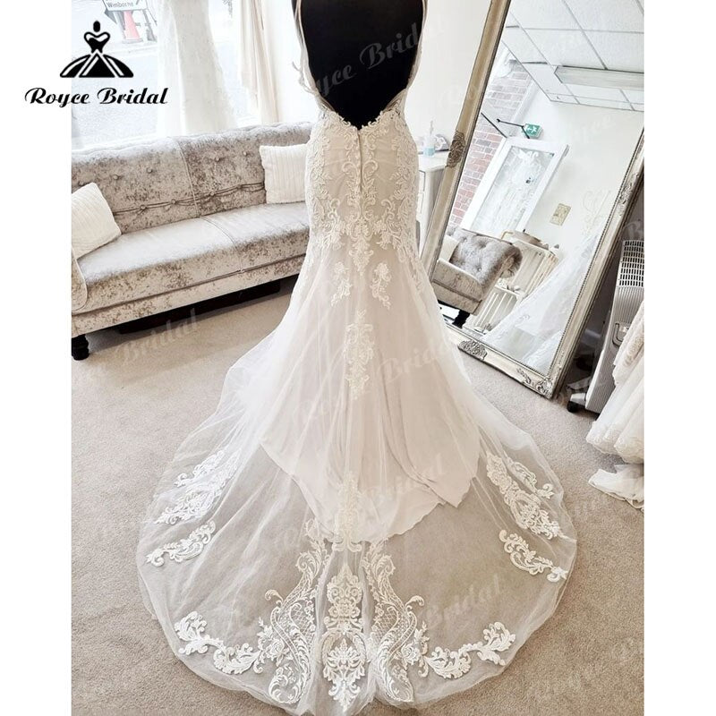 Plus SizeLace Appliques Open Back Sccop Neck Sweep Train Mermaid/Trumpet Wedding Dress 2025 Bridal Wedding Gowns for Women Custom Made