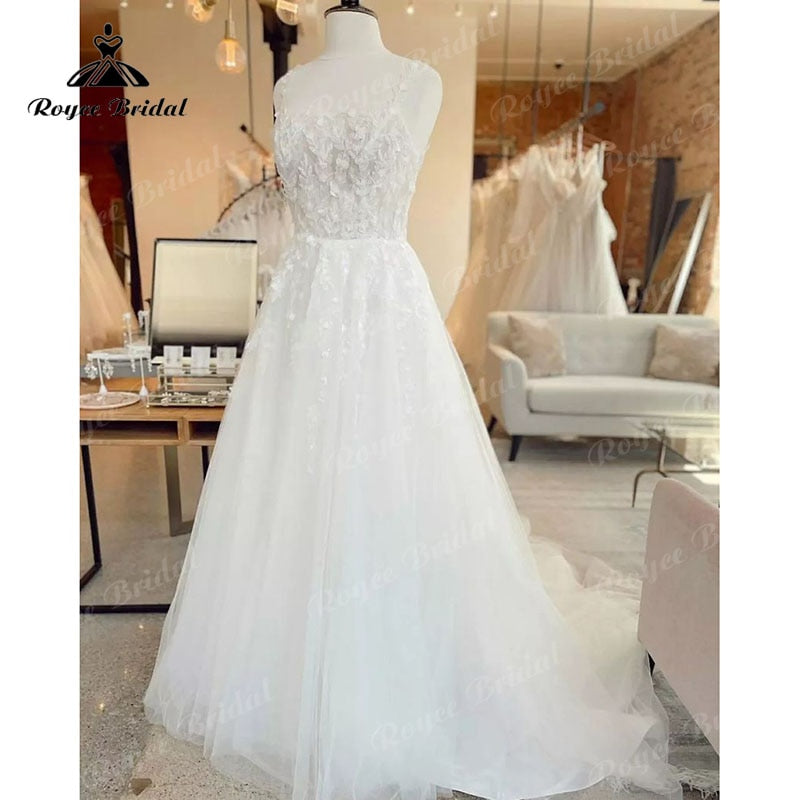 Robe de mariée grande taille en dentelle, motif floral, style bohème, bretelles spaghetti, dos nu, col carré, tulle, 2025, robe longue, robe de mariée, plage, sur mesure