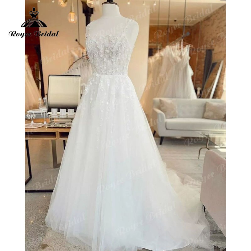 Robe de mariée grande taille en dentelle, motif floral, style bohème, bretelles spaghetti, dos nu, col carré, tulle, 2025, robe longue, robe de mariée, plage, sur mesure