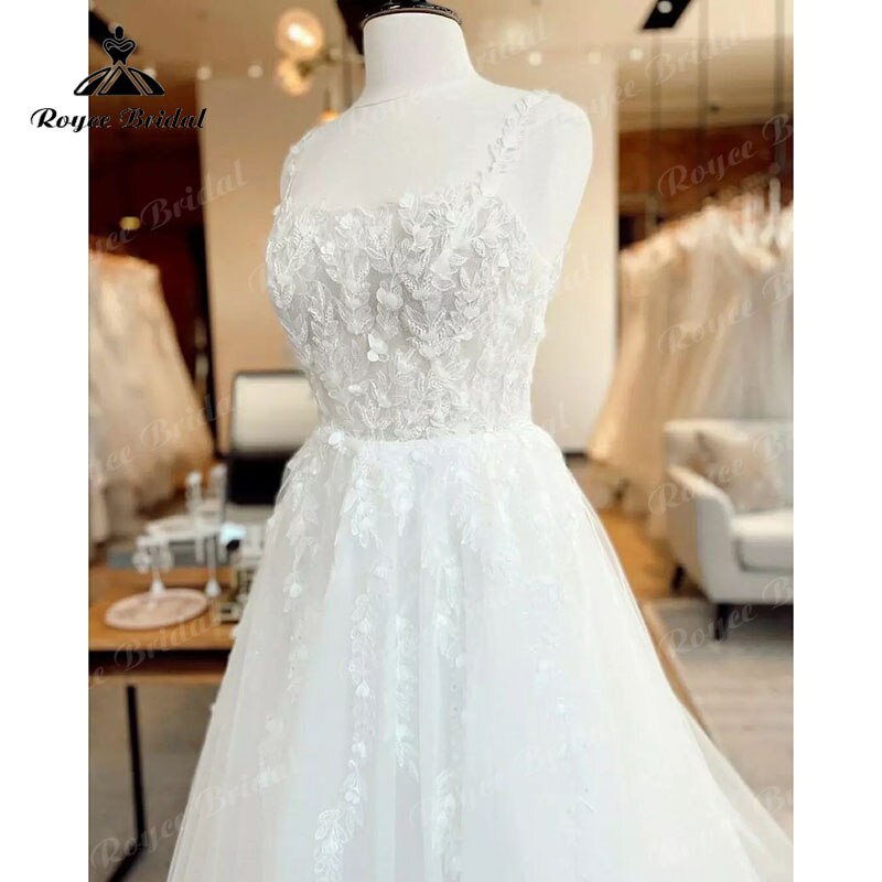 Robe de mariée grande taille en dentelle, motif floral, style bohème, bretelles spaghetti, dos nu, col carré, tulle, 2025, robe longue, robe de mariée, plage, sur mesure