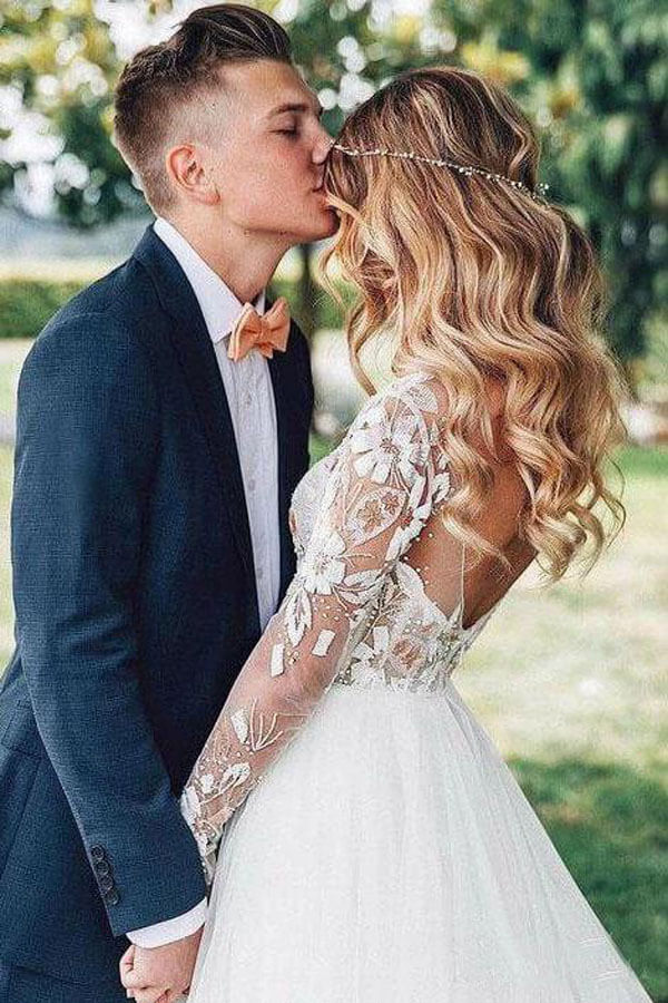 Lace Backless A-Line V-neck Long Sleeves Wedding Dresses, Bridal Dresses, MW552 | long sleeves wedding dress | cheap lace wedding dress | bridal gowns | wedding dress online | www.musebridals.com