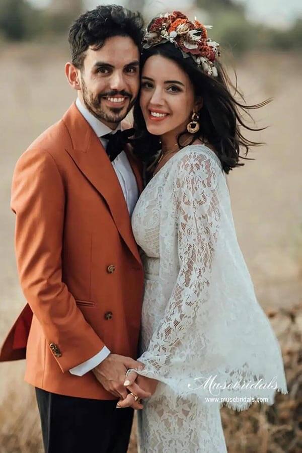 Lace Mermaid Backless Long Sleeves Rustic Wedding Dresses, Bridal Gown, MW964 | outdoor wedding dress | wedding dress stores | cheap wedding dress online | musebridals.com