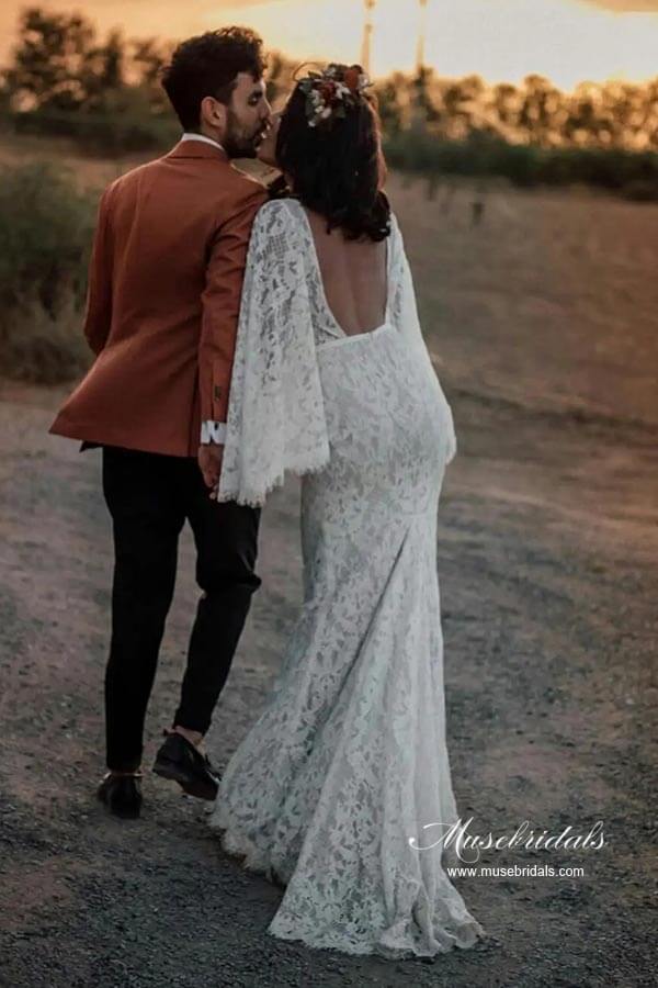 Lace Mermaid Backless Long Sleeves Rustic Wedding Dresses, Bridal Gown, MW964 | beach wedding dresses | backless wedding dress | vintage wedding dress | musebridals.com