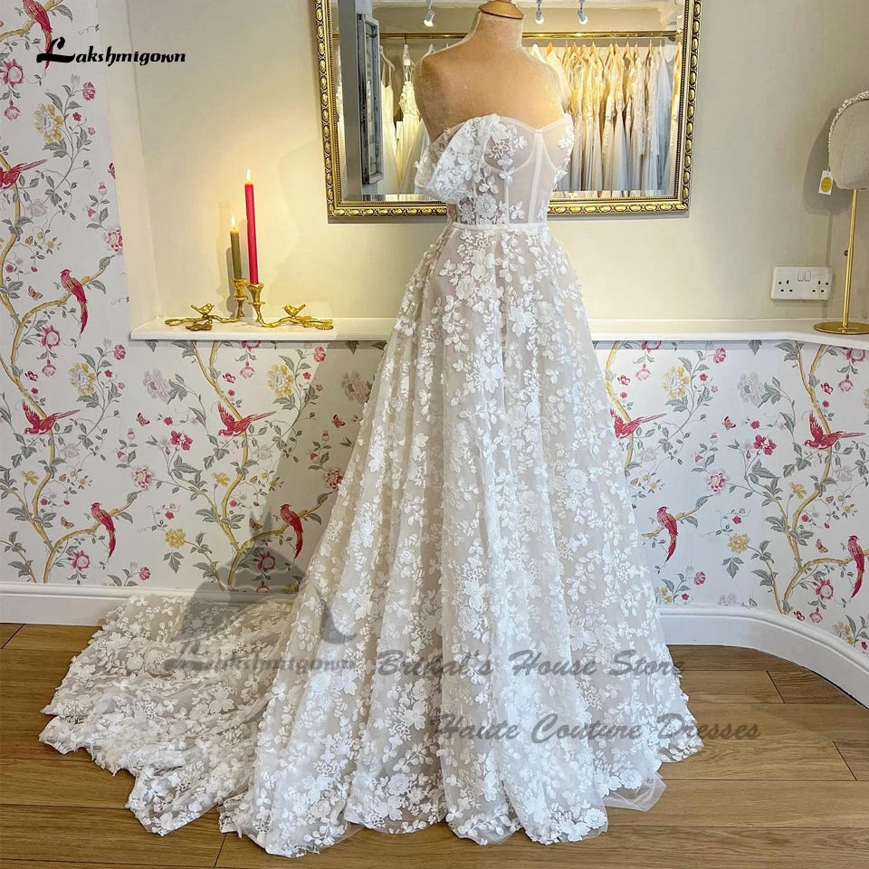 Roycebridal Robe de mariée bohème de luxe en dentelle pour femmes, style corset, épaules dénudées, sur mesure