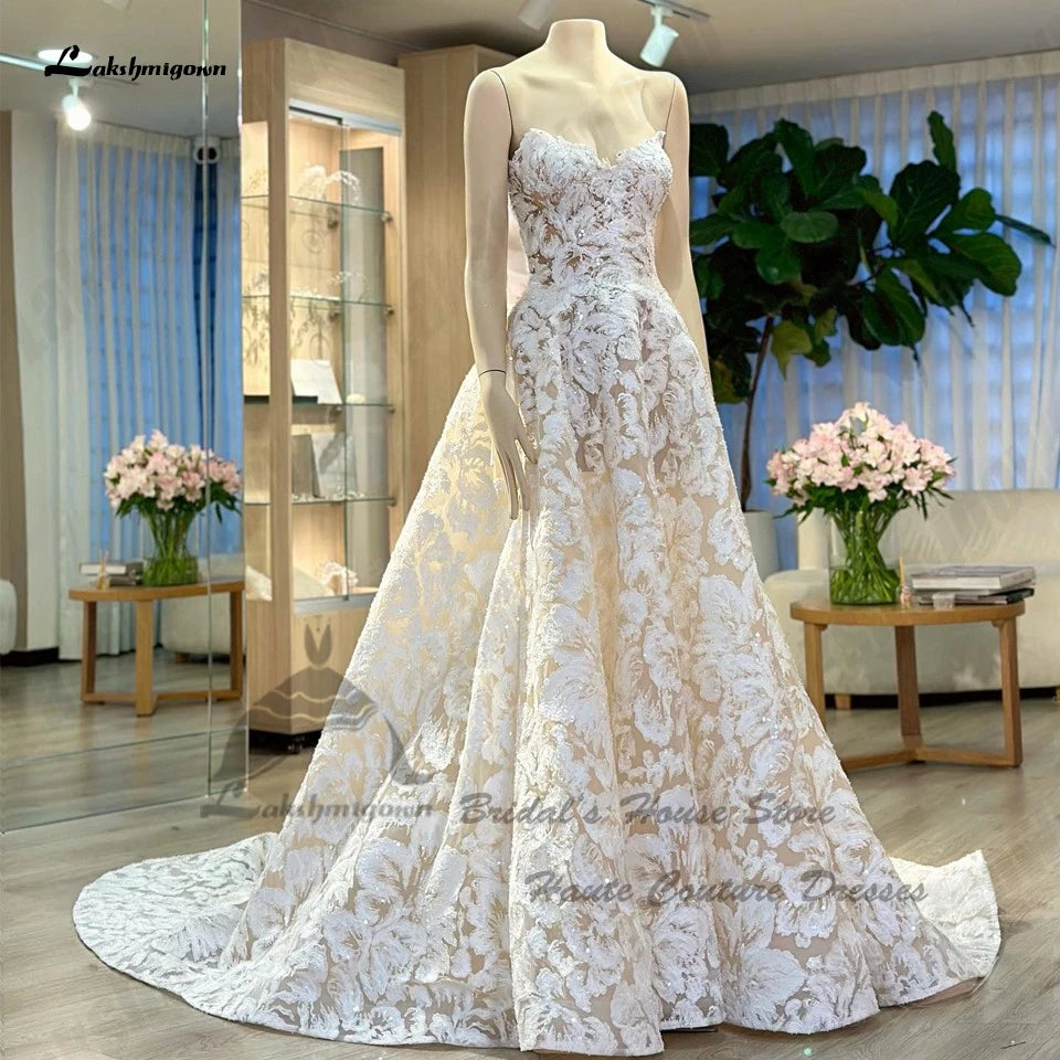 Lakshmigown Luxury Lace Boho Wedding Gowns Off The Shoulder Robe Mariee Sparkly Church Champagne Bridal Dresses Sweetheart