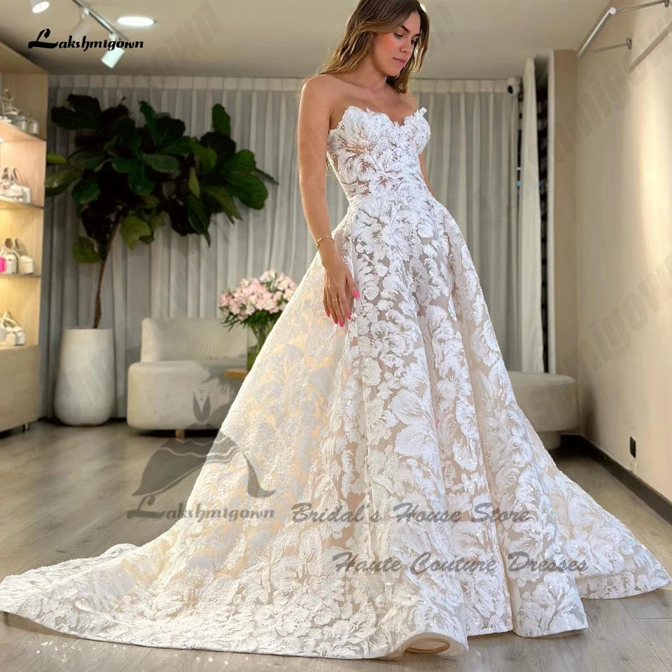 Lakshmigown Luxury Lace Boho Wedding Gowns Off The Shoulder Robe Mariee Sparkly Church Champagne Bridal Dresses Sweetheart