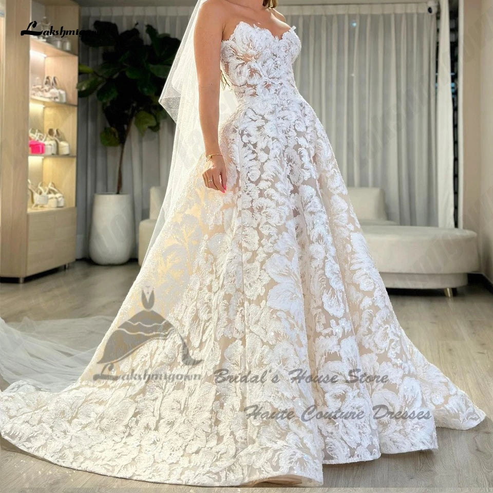 Lakshmigown Luxury Lace Boho Wedding Gowns Off The Shoulder Robe Mariee Sparkly Church Champagne Bridal Dresses Sweetheart