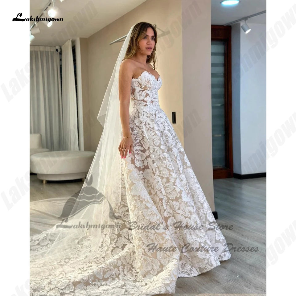 Lakshmigown Luxury Lace Boho Wedding Gowns Off The Shoulder Robe Mariee Sparkly Church Champagne Bridal Dresses Sweetheart