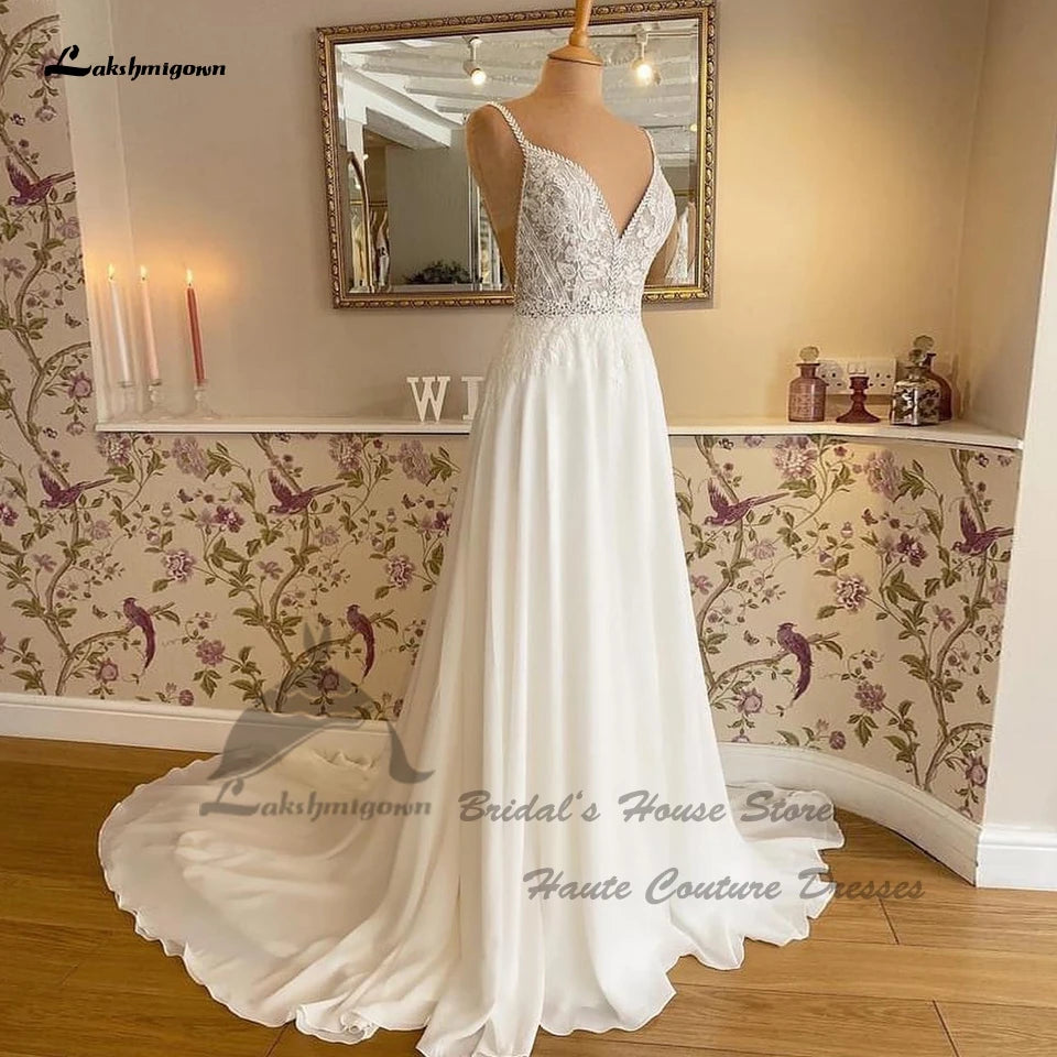 Lakshmigown Puffy Chiffon A Line Wedding Dress Beach Summer Abito Sposa Donna Elegant Bridal Hoho Gowns Sequin Lace Bodice