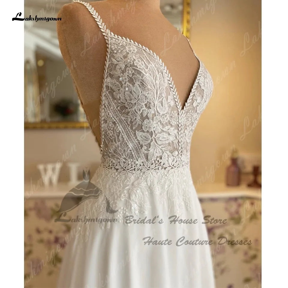 Lakshmigown Puffy Chiffon A Line Wedding Dress Beach Summer Abito Sposa Donna Elegant Bridal Hoho Gowns Sequin Lace Bodice