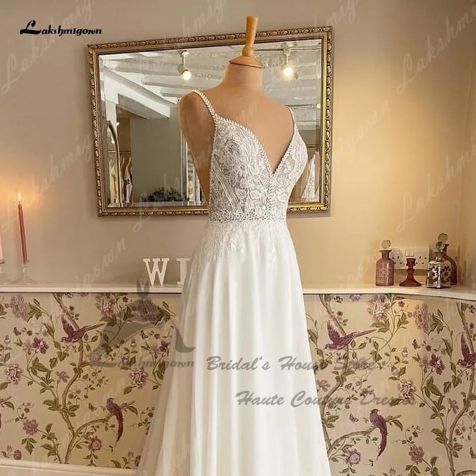 Lakshmigown Puffy Chiffon A Line Wedding Dress Beach Summer Abito Sposa Donna Elegant Bridal Hoho Gowns Sequin Lace Bodice
