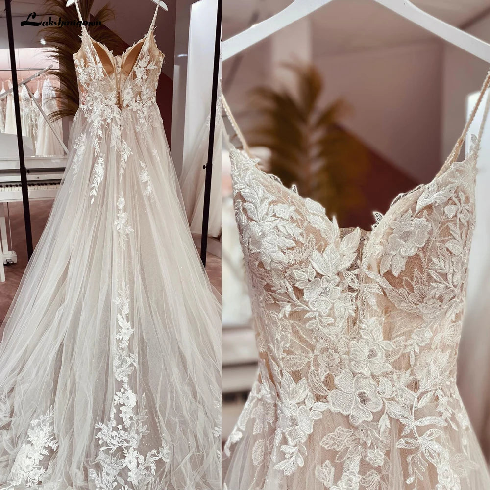 Roycebridal Spaghetti Straps Lace Wedding Dress Open Back Civil Bridal Bohemian Wedding Gowns Vestidos de Nova