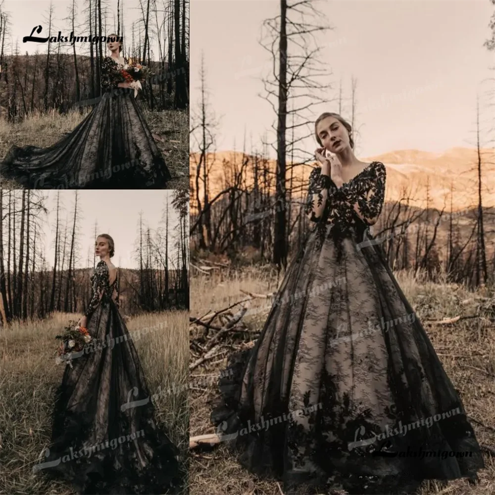 Roycebrial V-Ausschnitt A-Linie Brautkleid 2025 Spitze Lange Ärmel Rückenfrei Hofschleppe Schwarzes Partykleid فساتين سهراتrobes de soiré
