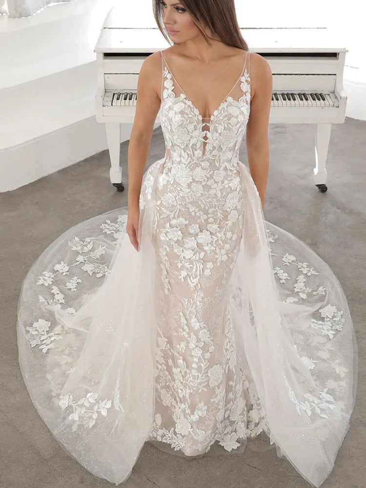 Lakshmigown Vintage Lace 2 in 1 Mermaid Wedding Gowns Sexy Backless Bridal Dress Vestido Largo Boda Detachable Skirt