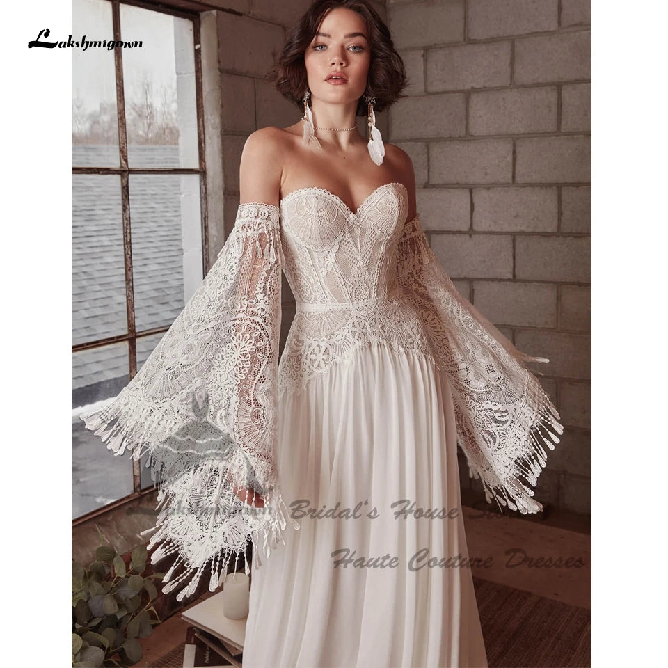 Roycebridal Vintage Lace Boho Wedding Dress Detachable Long Sleeve 2025 Robe Longue Chic Bridal Gowns Off the Shoulder