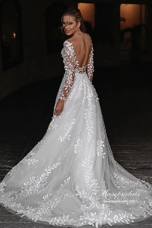 Leaves Lace Tulle Long Sleeves Boho Wedding Dresses, Bridal Gown, MW962 | backless wedding dress | wedding dress stores | wedding dress stores | musebridals.com
