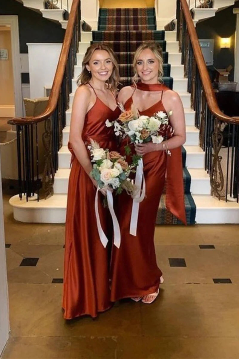 Langes rostrotes Mismatch Brautjungfernkleid Boho Meerjungfrau Hochzeitsgästekleid