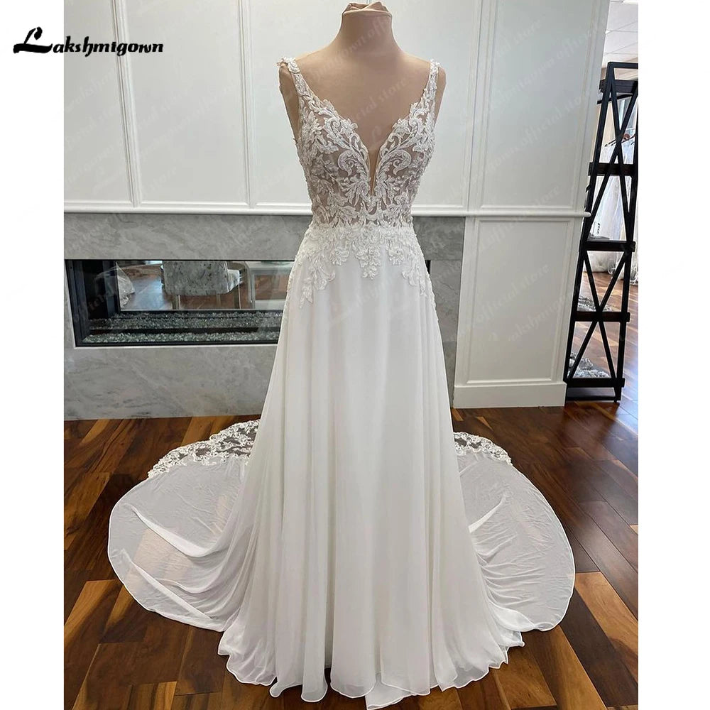 Robes de mariée civiles de luxe en mousseline de soie, dos nu, vintage, bohème, longues, avec appliques en dentelle, col en V