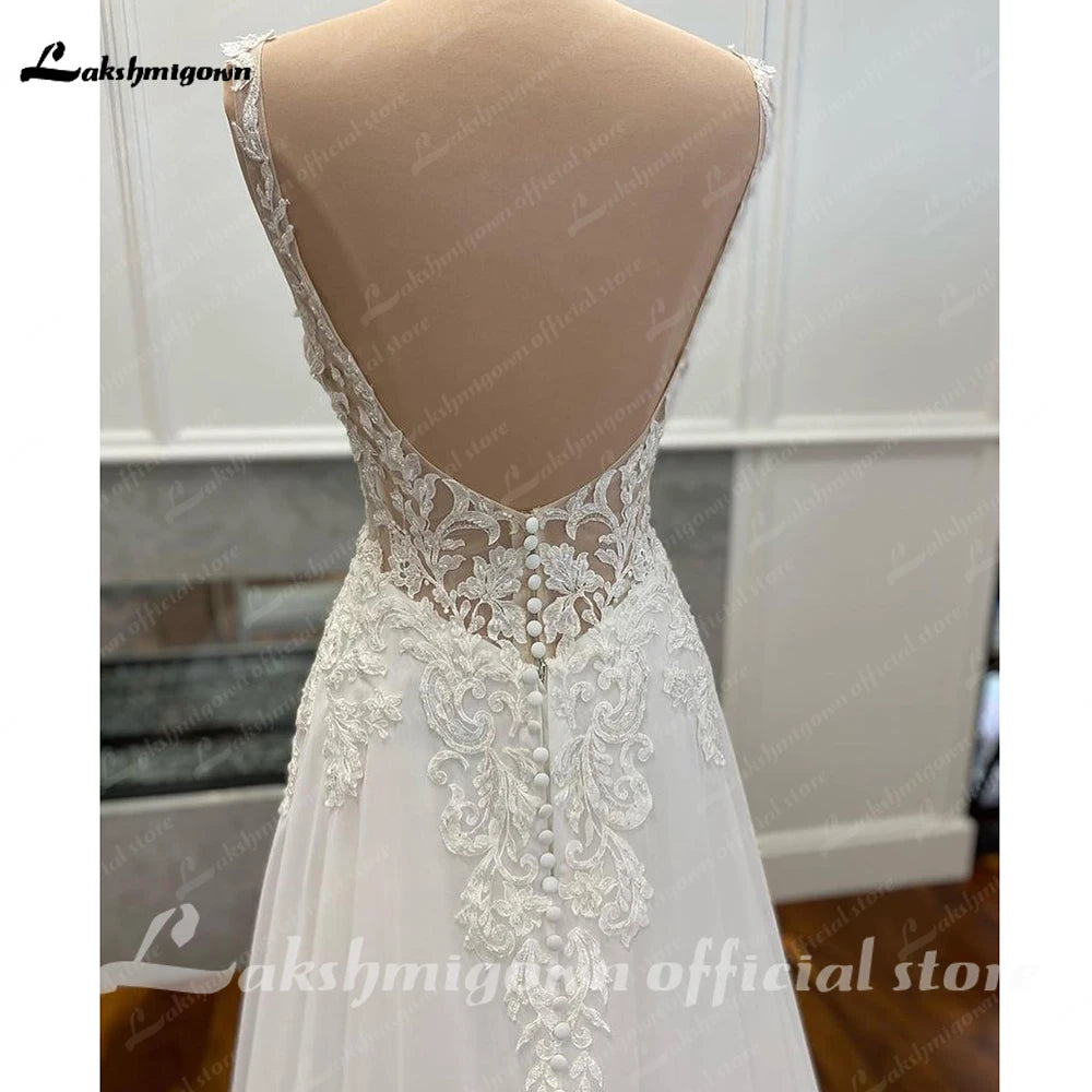 Robes de mariée civiles de luxe en mousseline de soie, dos nu, vintage, bohème, longues, avec appliques en dentelle, col en V