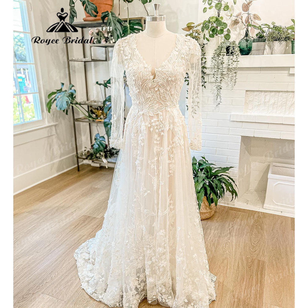 Roycebridal Robe de mariée de luxe à manches longues en dentelle florale avec col en V 2025 Appliques Boho Robe de mariée pour femmes robe de mariée pour mariage civil