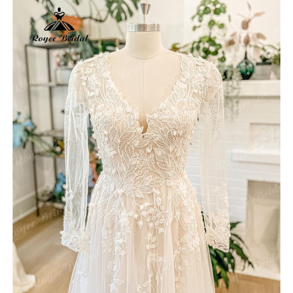 Roycebridal Robe de mariée de luxe à manches longues en dentelle florale avec col en V 2025 Appliques Boho Robe de mariée pour femmes robe de mariée pour mariage civil