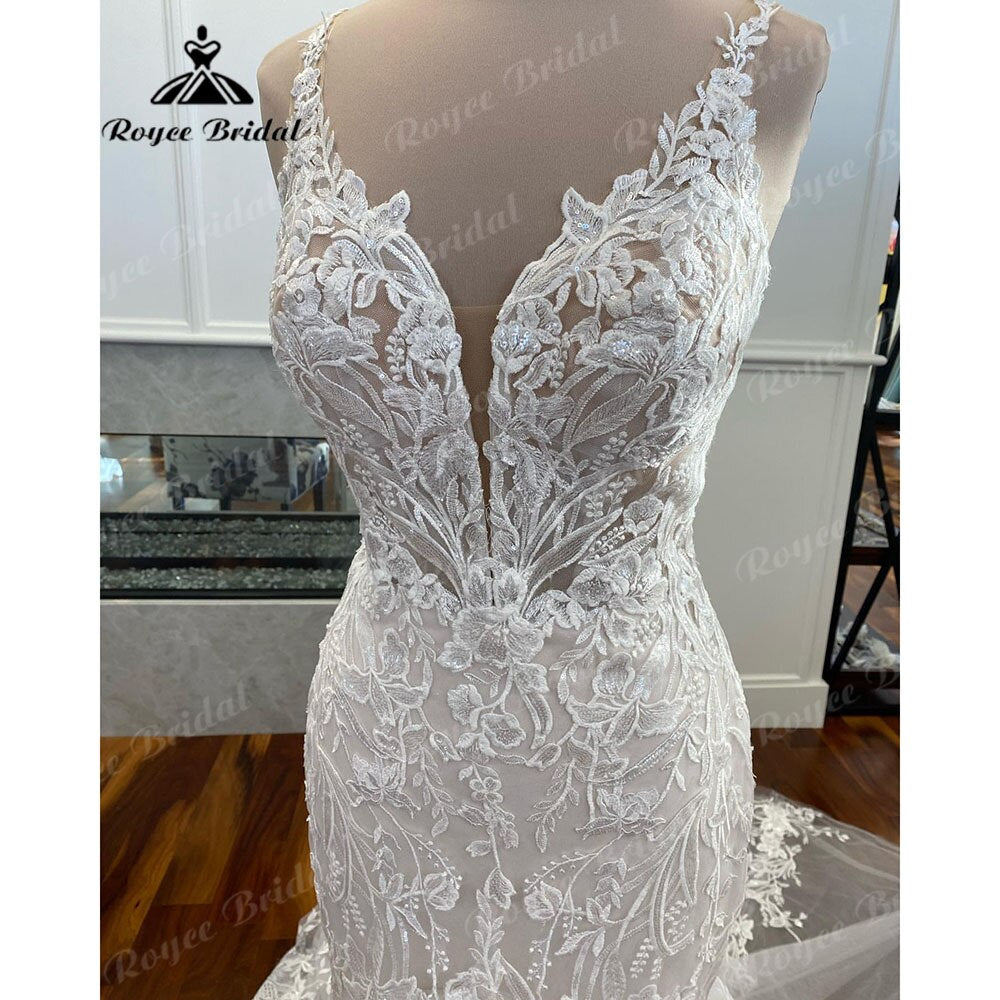 Roycebridal Luxury Mermaid/Trumpet Lace Wedding Dress for Women 2025 Wedding Gowns Spaghetti Straps vestido de boda corte sirena Roycebridal