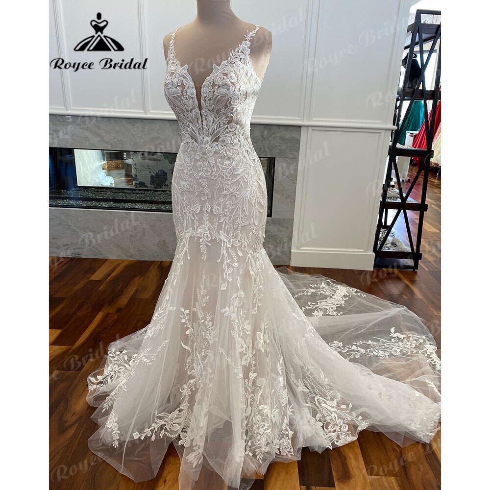 Roycebridal Luxury Mermaid/Trumpet Lace Wedding Dress for Women 2025 Wedding Gowns Spaghetti Straps vestido de boda corte sirena Roycebridal