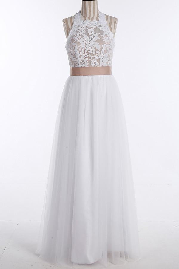 Roycebridal Simple Tulle Jewel Lace Top Sleeveless Floor-Length Wedding Dresses, MW213