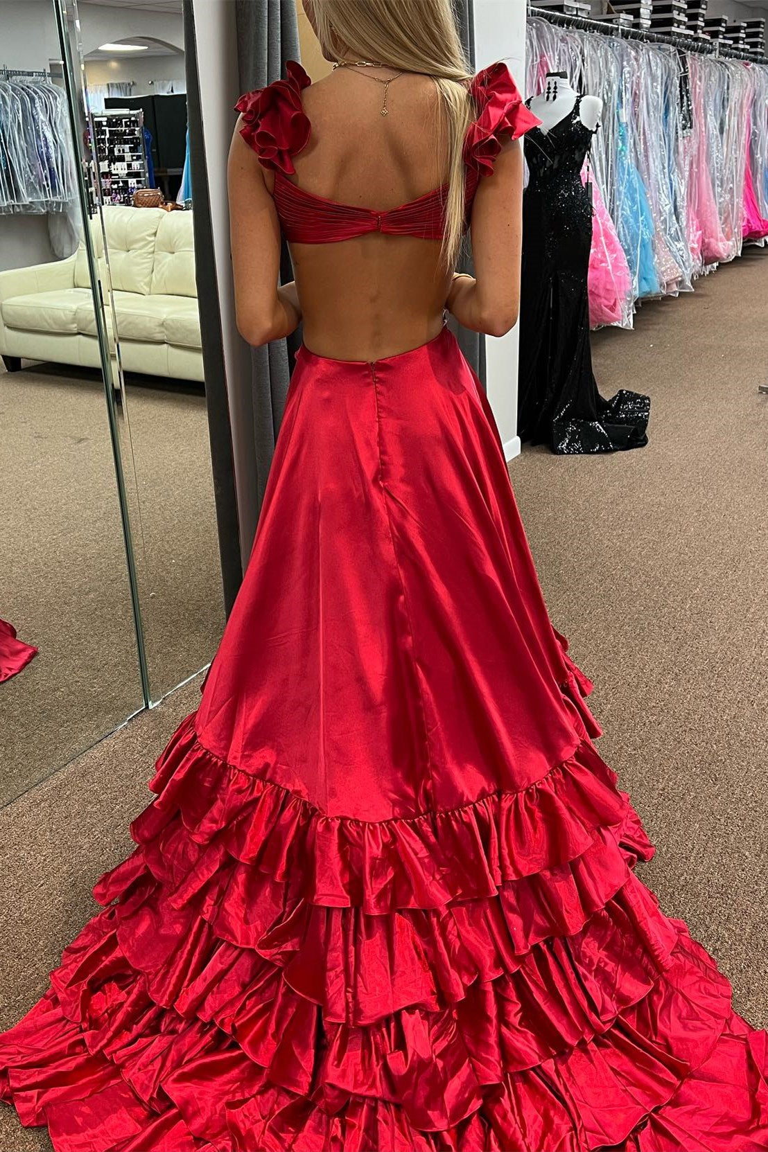 Roycebridal Brittany | Red Cutout Ruffle A-Line Long Prom Dress with Slit