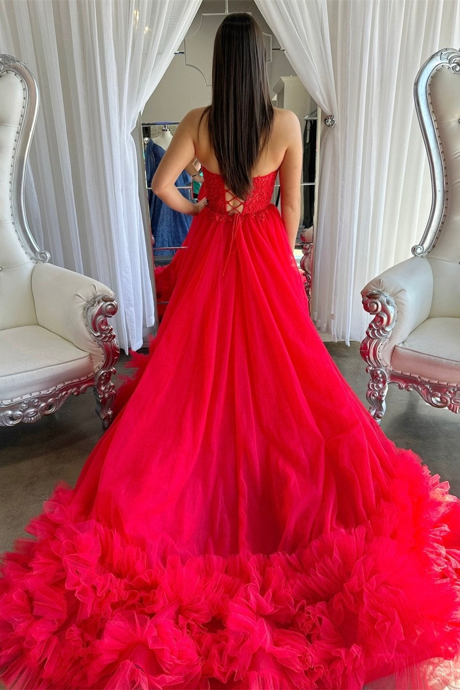 Roycebridal Romy | Red Tulle Appliques Sweetheart Ruffle Long Prom Dress